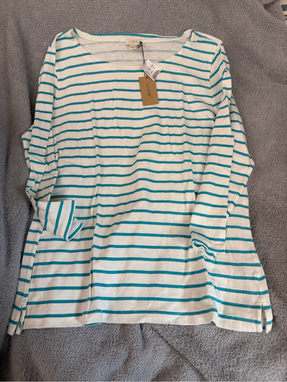 J. Crew White and Teal Striped Long Sleeve Top boat neck xl women’s xl